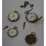 Three Victorian Silver Pocket Watch Parts, also with a pocket compass, (4)