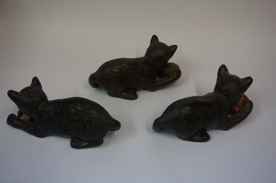 Three Similar Bretby Terracotta Cat figures, each figure having glass eyes and holding a ball, - Image 3 of 3