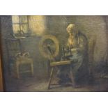 Henry John Dobson (Scottish 1858-1928) "Granny at the Wheel" Oil on Canvas, 14cm x 19cm, framed