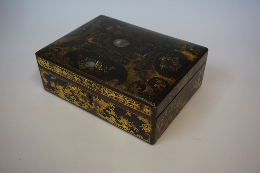 A Victorian Black Lacquered Papier Mache Sewing Box, Decorated with mother of pearl and floral
