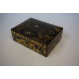 A Victorian Black Lacquered Papier Mache Sewing Box, Decorated with mother of pearl and floral