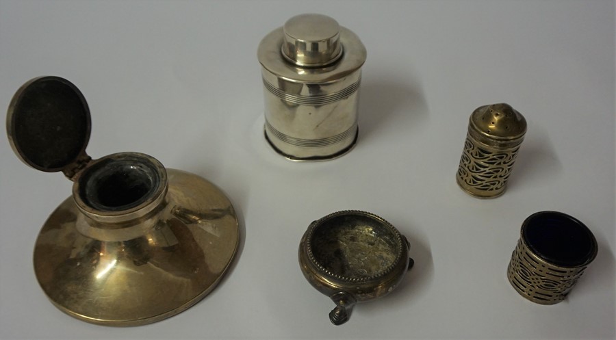 A Silver Inkwell, Hallmarks for Birmingham, having glass insert, also with a silver caddy with