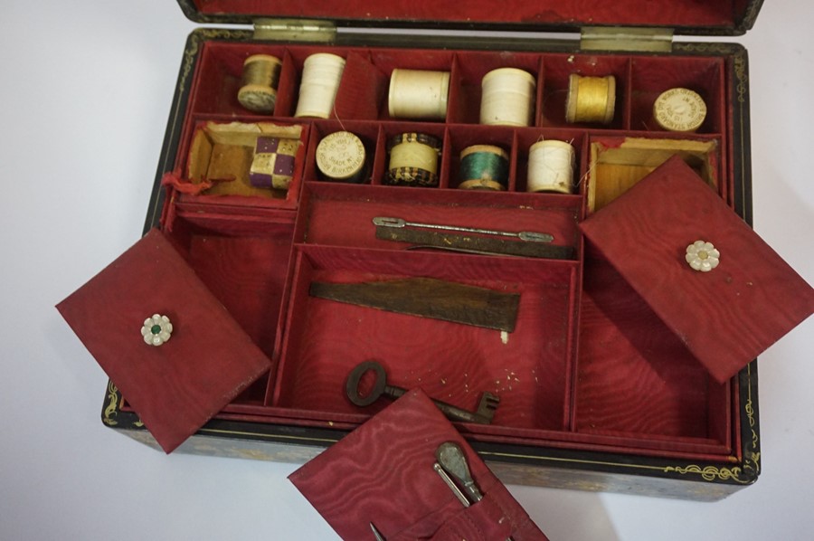 A Victorian Black Lacquered Papier Mache Sewing Box, Decorated with mother of pearl and floral - Image 3 of 5