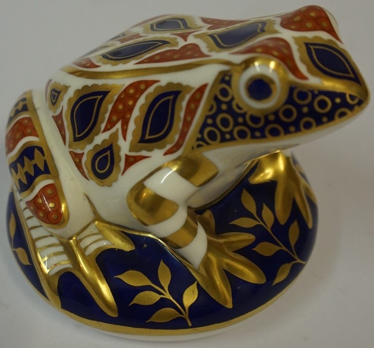 A Royal Crown Derby Paperweight, Modelled as a frog, silver button to underside, 8cm highCondition