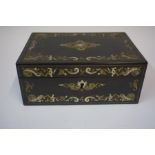 A Victorian Black Lacquered Sewing Box, Decorated with Abalone shell and Mother of Pearl scrolls and