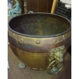 A Large Brass and Copper Jardiniere, circa late 19th century, Having lion mask ring handles,