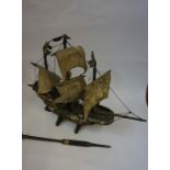 A Painted Wood Model of a Galleon, on stand, 49cm high, also with an ivory mounted chanter, and a