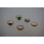 Five 9ct Gold Ladies Rings, To include two gem set examples and a turquoise set ring, overall weight