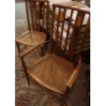 Two Near Matching Liberty Style Arts & Crafts Parlour Chairs, Both having inlaid panels and cane