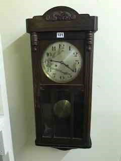 A Vintage Wall Clock, approximately 60cm high, also with an oak mantel clock, and another wall