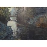 Paul Van Leden (Continental) "Continental Lake Scene with Bridge and Trees" Oil on Canvas, signed to