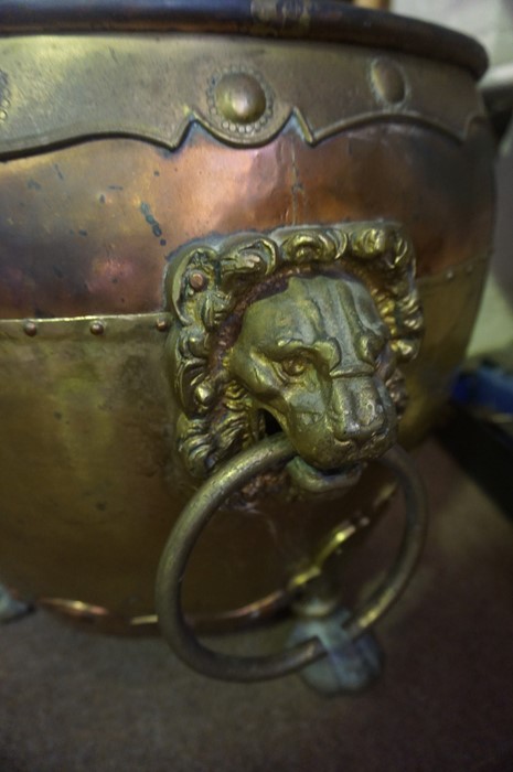 A Large Brass and Copper Jardiniere, circa late 19th century, Having lion mask ring handles, - Image 2 of 2