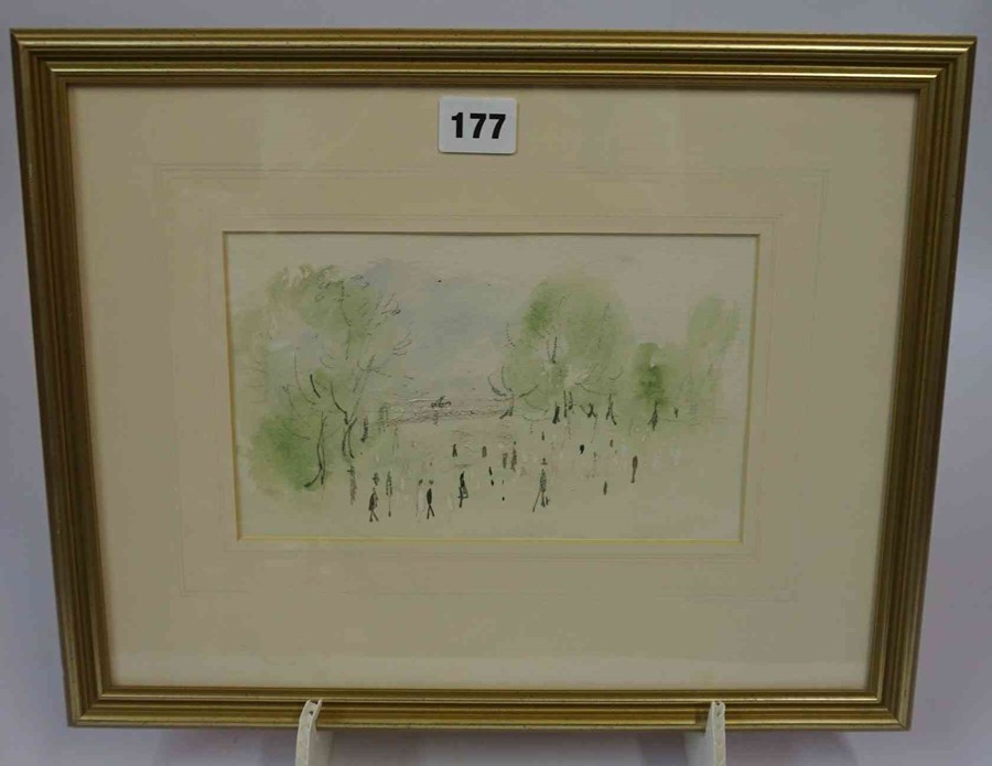 Violet Hilda Drummond (1911-2000) "Figures in the Park" Watercolour and Gouache 23.5cm x 22cm, - Image 2 of 2