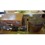 Two Vintage Suitcases, 55cm, 71cm wide, also with a vintage tin hat box, (3)