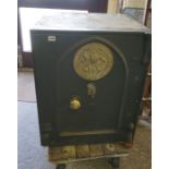 A Milners Patent Metal Safe, The hinged door enclosing two small drawers, with key, 95cm high,