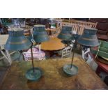 A Pair of Antique French Painted Toleware Table Lamps, with fitted twin shades, 50cm high, (2)