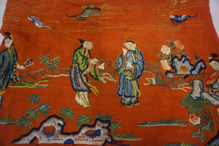 Two Chinese Style Silk Panels, Decorated with hand stitched figures, on red grounds, probably been - Image 2 of 4