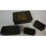 Three Black Lacquered Papier Mache Snuff Boxes, circa early 19th century, various sizes, also with