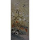 A Pair of Oriental Silk Panels, 20th century, Decorated with central panels of birds and blossom