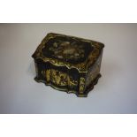 A Victorian Black Lacquered Papier Mache Stationery Box, Having a hinged top enclosing a fitted