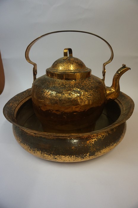 A Large Copper Tea Kettle, stamped C.E.E, 41cm high, also with a similar large bowl, (2)