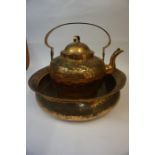 A Large Copper Tea Kettle, stamped C.E.E, 41cm high, also with a similar large bowl, (2)