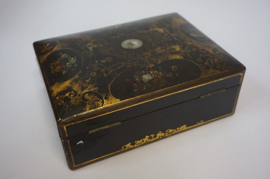 A Victorian Black Lacquered Papier Mache Sewing Box, Decorated with mother of pearl and floral - Image 4 of 5