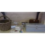 A Mixed Lot of Sundry Collectables, to include a metal biscuit tin, a wicker basket, a glass