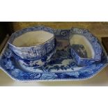 A Victorian Blue and White Pottery Meat Platter, 52cm wide, also with two blue and white bowls,