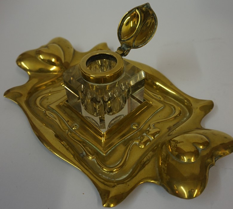 An Arts & Crafts Brass and Glass Inkwell on Stand, Having stylised decoration, 24cm wide, also - Image 2 of 3