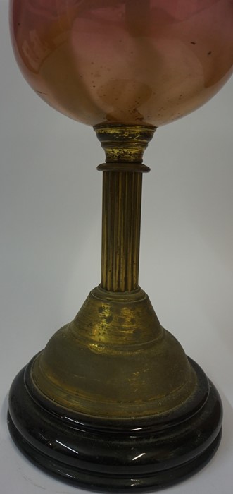 A Vintage Brass Corinthian Style Oil Lamp, Having a cranberry glass reservoir, with shade, 40cm - Image 3 of 4