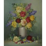 Continental School "Still Life of Roses in a Vase" Oil on Canvas, signed indistinctly to lower