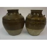 A Pair of Glazed Pottery Oviform Vases, 25cm high, (2)