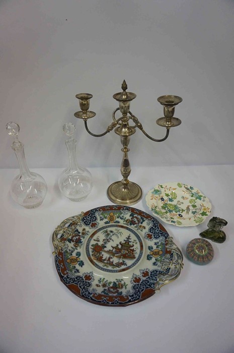 A Mixed Lot of Glass and Pottery, to include two glass decanters,a Milliefiori glass paperweight,