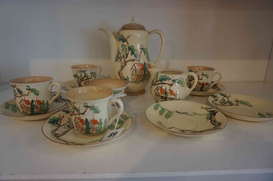 A Clarice Cliff "Tall Trees and Cottages" Pattern Coffee Set by Wilkinson, circa 1930s, Comprising - Image 4 of 4