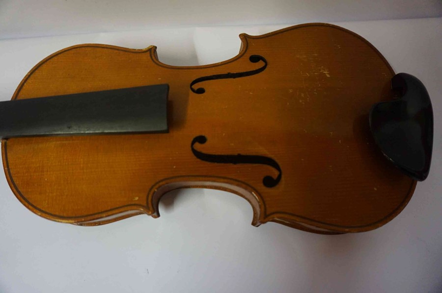 A Stradivarius Copy Violin, 59cm long, with a horse hair bow, in fitted case - Image 6 of 16