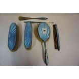 A George V Silver and Blue Enamel Brush Set, Hallmarks for Birmingham 1929-30, Comprising of