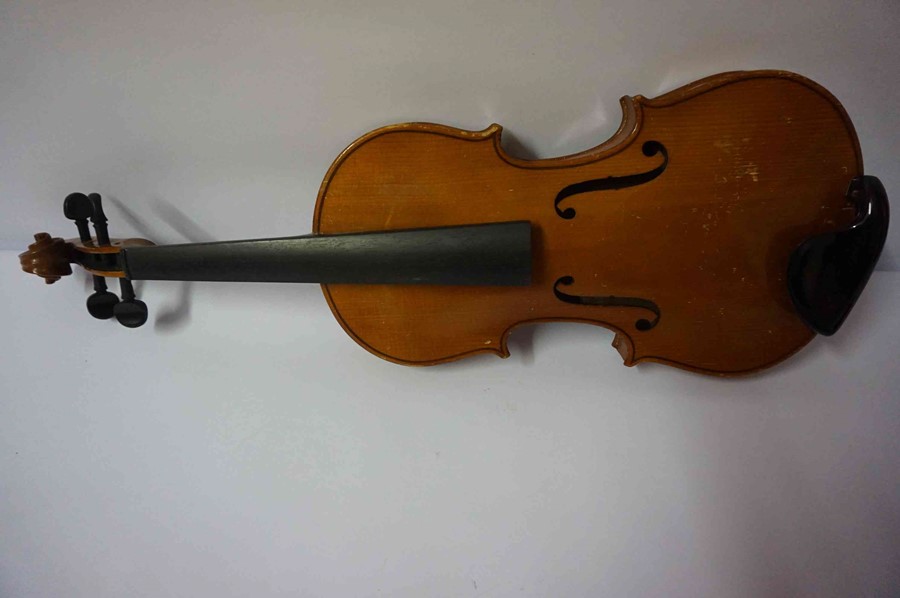 A Stradivarius Copy Violin, 59cm long, with a horse hair bow, in fitted case - Image 8 of 16