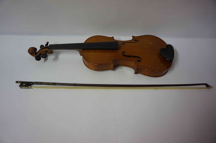 A Stradivarius Copy Violin, 59cm long, with a horse hair bow, in fitted case - Image 5 of 16