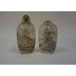 Two Chinese Painted Glass Scent Bottles, Having a jadeite cabochon stopper to one bottle, the