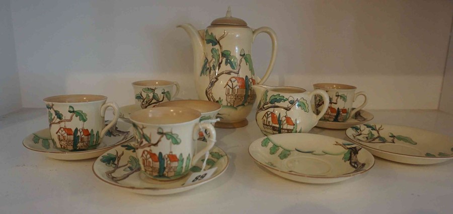 A Clarice Cliff "Tall Trees and Cottages" Pattern Coffee Set by Wilkinson, circa 1930s, Comprising - Image 3 of 4