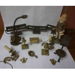 A Mixed Lot of Vintage Brass and Collectables, to include a pair of candlesticks, desk lamp, wall
