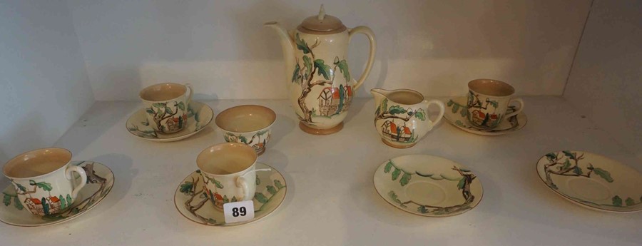 A Clarice Cliff "Tall Trees and Cottages" Pattern Coffee Set by Wilkinson, circa 1930s, Comprising - Image 2 of 4