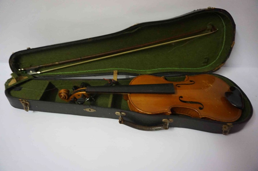 A Stradivarius Copy Violin, 59cm long, with a horse hair bow, in fitted case - Image 2 of 16