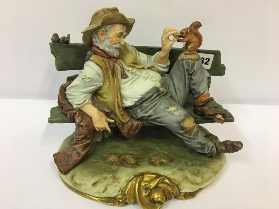 A Capo Di Monte Style Figure Group, Modelled as a drunk laying on a garden bench feeding a squirrel,