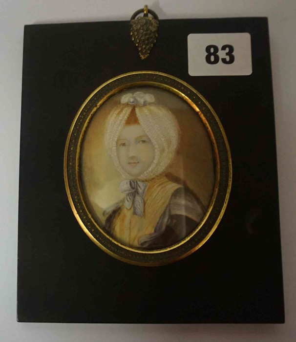 A Portrait Miniature of the Duchess of Hamilton, circa 19th century, 7.5cm x 6cm, in an ebonised