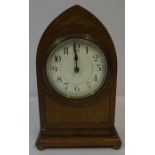 Edwardian Mahogany Lancet Shaped Mantel Clock, Having a white enamel dial with Arabic numerals,