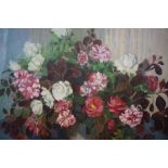 Anne Carrick (Scottish 1919-2005) "Old Roses" Oil on Hardwood Panel, signed lower right, 59cm x