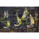 Guy Allan (20th century) "Boats at Sea" Oil on Canvas, 26.5cm x 35cm, framed