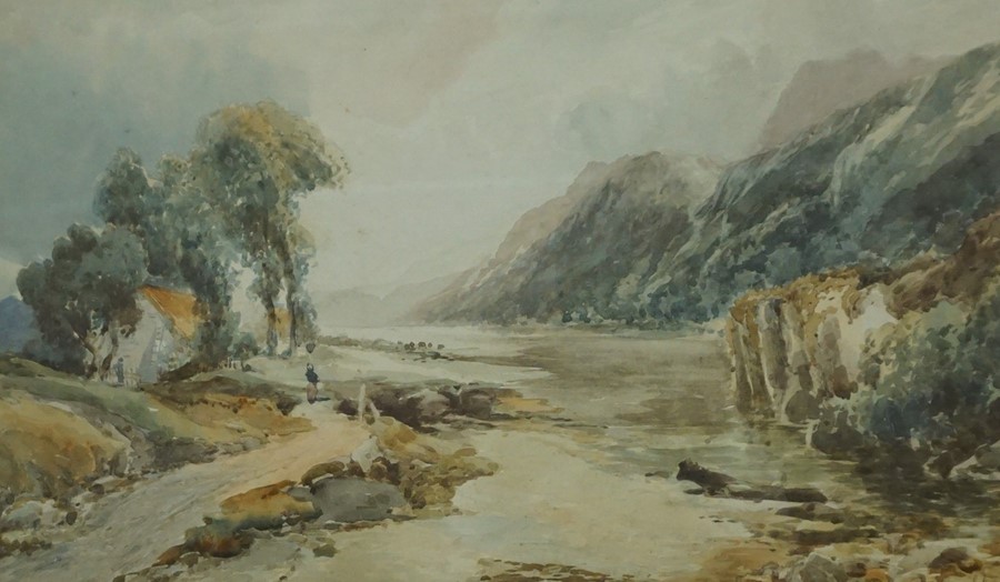 P A Aitken (British) "River and Mountain Landscape" Watercolour, 32m x 50cm, in a gilt frame